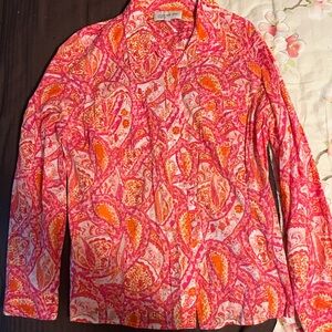 Jones New York Pink/Orange Paisley ButtonUp Cotton Shirt Roll Tab Sleeve Large